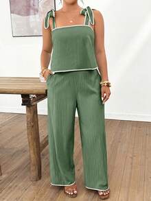 Lounesse Plus Size Women Shoulder Tie Design Camisole And Pants Set, Fashionable Commuter Outfit - Green - View 5