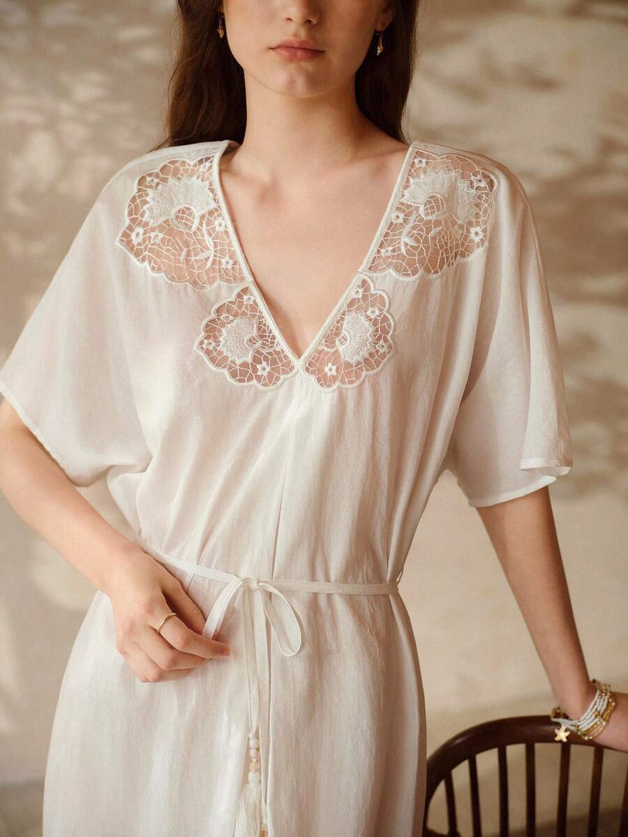 MOTF PREMIUM Áo ngủ nữ bằng vải cotton thêu, dáng rộng, thích hợp mặc mùa xuân/hè. - trắng - Xem 1