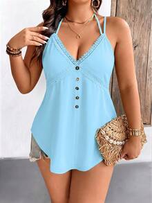 Breezaya Plus Size Women Button Lace Patchwork Fashionable Versatile Camisole - Baby Blue - View 3