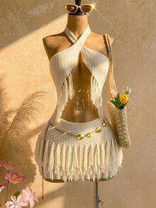 Soleia Off White Summer Boho Beach Vacation Holiday Spaghetti Strap Crochet Vest With Tassel Low Waist Skirt 2 Pieces Set For Music Festival,Bohemian - Apricot - View 8