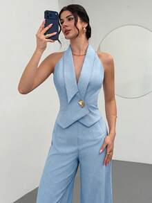 Firerie Women's Light Blue Asymmetrical Collar Sleeveless Blazer Vest, Metal Button Cinched Waist Vest, Elegant British Style Summer Tropical Cocktail - Blue - View 3