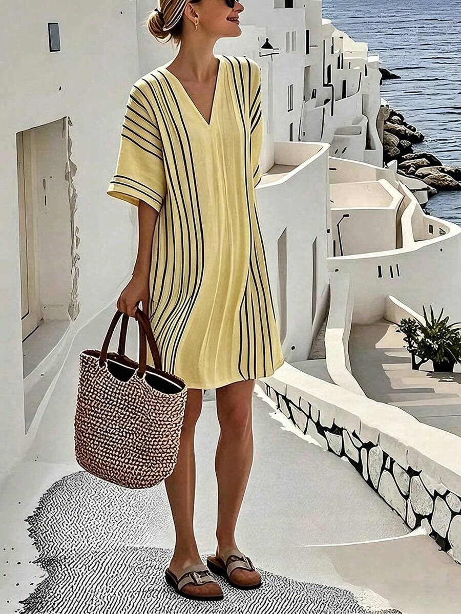SHEIN Holidaya 女士V领短袖条纹宽松休闲夏季连衣裙 - 黃色 - 查看 1