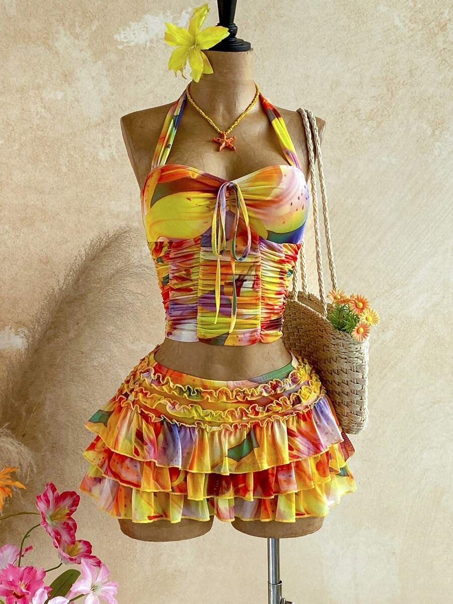 Soleia Women's Yellow Floral Print Elastic Mesh 2-Piece Vacation Outfit, Summer Boho Tropical Holiday Casual Beach Wedding Guest Graduation Attire - Multicolor - View 1