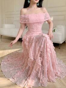 Modelyn Elegant Pink Floral Lace Off-Shoulder Ruffle Trim Waist Long Dress, Spring/Summer Party - Pink - View 5