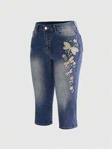 ROMWE Fairycore Women Y2k Summer Retro Butterfly Sequin Embroidery Capri Jeans - Blue - View 3