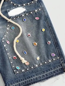 ROMWE MEN Street Life Quần short denim nam với cạp quần đính đá nhiều màu sắc. - Màu xanh lam - Xem 4