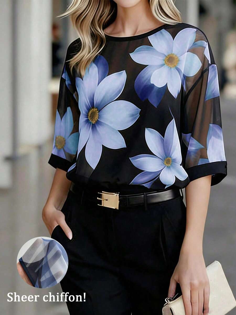 EMERY ROSE Women's Floral Print Round Neck Casual Versatile Daily Wear Shirt - Blue - View 1