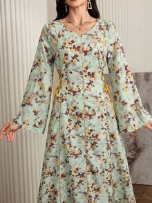 Al Najma Đầm dài tay buộc dây in hoa toàn thân kiểu Ả Rập, kiểu dáng maxi Kaftan Jalabiya dáng chữ A thanh lịch, thích hợp cho tiệc tối/đám cưới/kỷ niệm. - Màu vàng - Xem 3