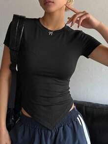 DAZY Camiseta ajustada de mujer con cuello cuadrado y manga corta - Negro - Ver 5