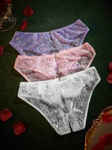 SpicyHot 3pcs/Set Celana Dalam Thong Renda Seksi Wanita, Aneka Warna - MultiWarna - View 2