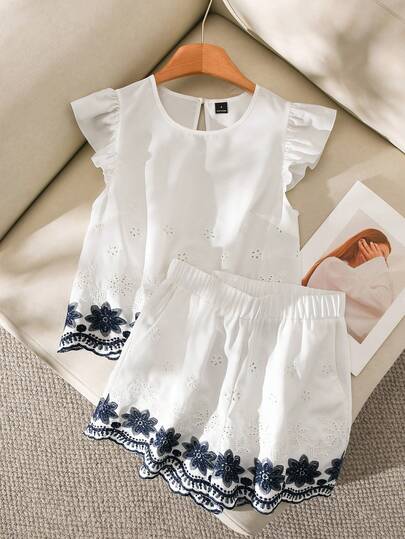CosyJoli Women's 2-Piece Casual Vacation Set, Ruffle Sleeve Blouse And Shorts, Blue And White, Spring/Summer