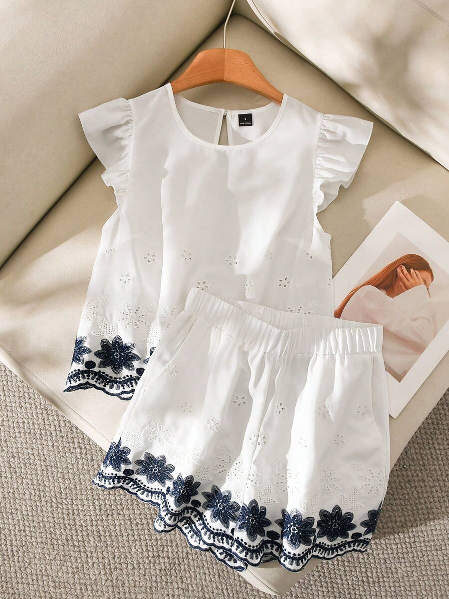 CosyJoli Women's 2-Piece Casual Vacation Set, Ruffle Sleeve Blouse And Shorts, Blue And White, Spring/Summer - Blue and White - View 1