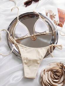 Swim SXY 2pcs Women's White Bikini Set Halter Neck Rhinestone Embellishment Metal Shell Decor 70s Retro Summer Holiday Party Summer Holiday Swimwear - White - View 3