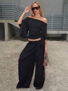 Brooke Lily Women's Off Shoulder Cinched Waist Vintage Punk Style T-Shirt - Black - View 3
