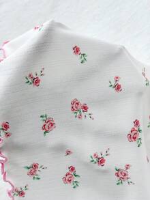 SHEIN 少女简约花卉图案缎带蝴蝶结饰边吊带背心和短裤舒适休闲修身睡衣套装，粉色 - 白色 - 查看 8