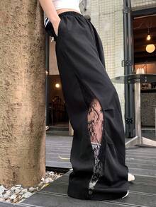 FRIFUL 女士夏季纯色拼接透视蕾丝镂空裤 - 黑色 - 查看 6