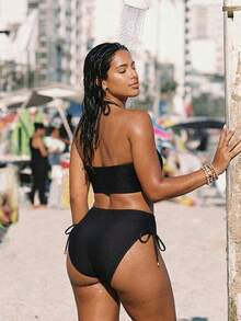 Swim Vcay بيكيني مجموعة مع حلقة عنق مجعد مقاس كبير للنساء، مناسب للصيف والشاطئ والمنتجعات والحمامات السباحة - الأسود - مشاهدة 2