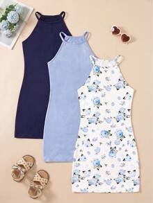 SHEIN Vestido casual de cuello halter para niña para vacaciones y uso diario - Multicolor - Ver 3