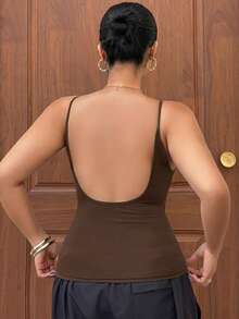 Dazy Plus Camiseta de tirantes corta ajustada elástica de unicolor, primavera/verano - Marrón - Ver 2