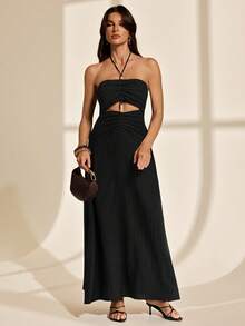 SHEIN Tall Women's Solid Color Backless Beaded Crochet Dress, Perfect For Vacation,Bohemian Clothes - Black - View 6