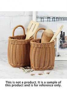 1 pieza Cesta de pared colgante tejida a mano de ratán para almacenar cucharas, palillos, flores y diversos artículos, cesta de almacenamiento portátil montada en la pared para decoración del hogar - Marrón Mocha - Ver 5
