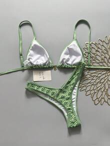 Swim Mod Conjunto de bikini sexy con tirantes finos y estampado floral aleatorio para mujer, verano - Multicolor - Ver 3