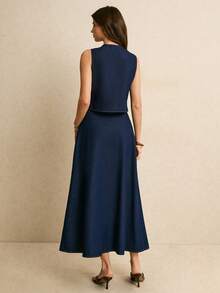 Poéselle Bộ áo vest và chân váy denim không tay cài cúc đơn dành cho nữ, thích hợp mặc hàng ngày đi làm, mùa xuân/hè. - Rửa trung bình - Xem 2