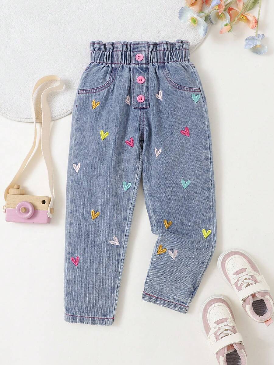 SHEIN Pantalones harem casuales y cómodos para niñas, con lavado suave, bordados florales de colores y cintura elástica, ideales para vacaciones/calle, livianos de verano - Azul lavado medio - Ver 1