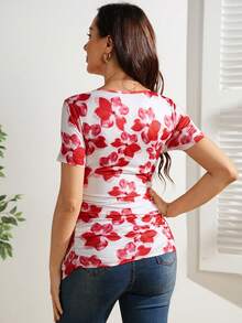 SHEIN 印花扭结侧边孕妇哺乳上衣 - 紅色 - 查看 7