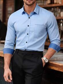 Manfinity Mode Men's Single-Breasted Casual Versatile Commuting Long Sleeve Shirt, Formal - Baby Blue - View 1