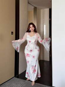 Vibekara Plus Size Women Floral Print Camisole Dress And Bell Sleeve Cardigan Casual Outfit - Pink - View 7