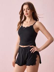 Bonmuse Bộ đồ ngủ 2 món ren gợi cảm gồm áo hai dây và quần short, thích hợp cho nữ mùa xuân/hè/thu. - màu đen - Xem 8
