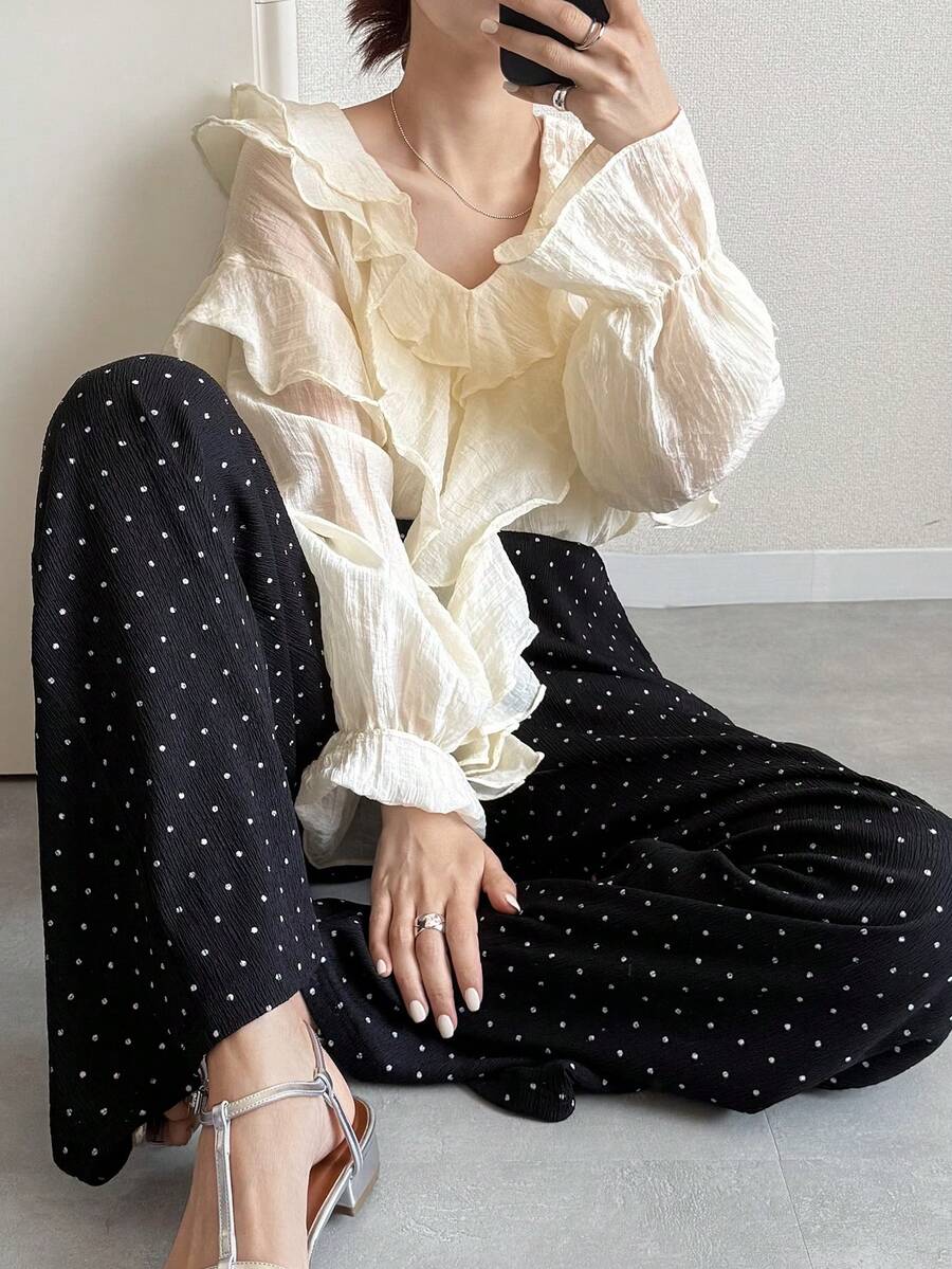 FRIFUL 女款休閒寬鬆波點印花寬腿長褲 秋季 - 黑色 - 查看 1
