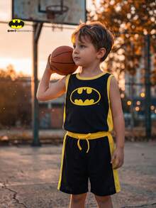 Maija Kids BATMAN X SHEIN Maija Kids 2pcs/Set Young Boy Summer Contrast Color Soft Round Neck Sleeveless Tank Top And Elastic Waist Shorts,Suitable For Sports,Competitions,Entertainment - Multicolor - View 7
