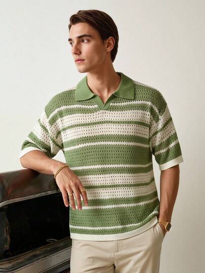 RONVEXI Men's Hollow Out Semi-Sheer Striped Knit Short Sleeve Polo Shirt, Comfortable Breathable Lightweight Knit Top For Casual Wear, Suitable For Vacation And Valentine's Day Vacation Outfits For Men Spring Outfits For Men Retro Outfit For Men Outfit For Men Beach Summer Outfits For Men Men S Summer Outfits Men Clothes Two Piece Knitted Shirt Knitted Polo For Men Mens Summer Outfits