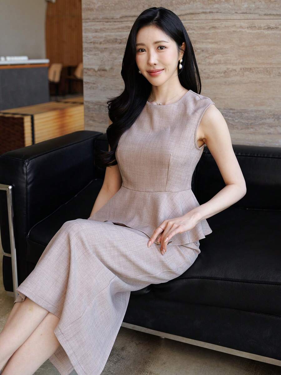 DAZY Bộ đồ 2 món thanh lịch dành cho nữ: áo không tay và chân váy dài, thích hợp cho mùa hè. - Màu Khaki - Xem 1