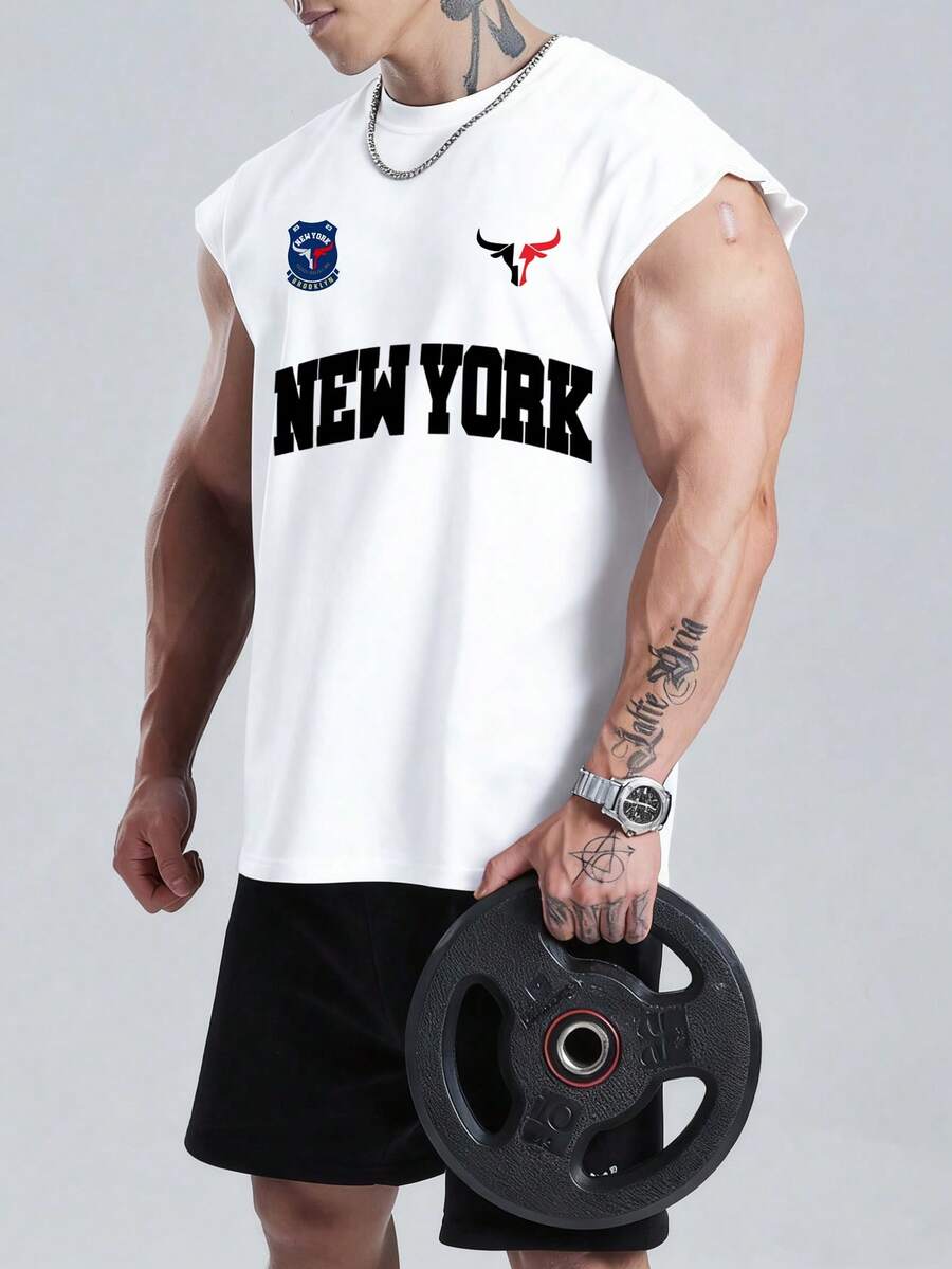 GymBeat 男士字母印花圆领休闲健身运动背心 - 白色 - 查看 1