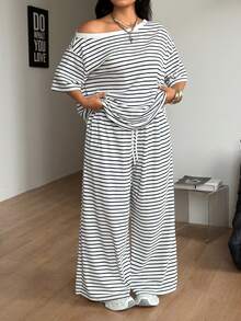 Coolane Women's Plus Size Summer Streetwear Basic Daily Wear Going Out Comfy White Stripes Off Shoulder T-Shirt And Wide Leg Sweatpants Two Pieces Outfits - Black and White - View 3