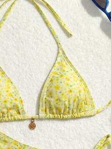 Swim Vcay 女款夏季海灘花卉印花掛脖綁帶性感比基尼與三角泳褲泳衣套裝 - 鵝黃色 - 查看 4