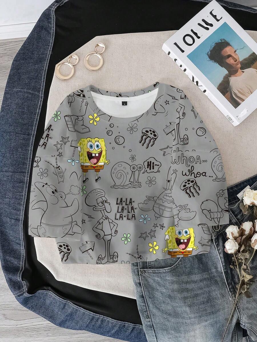 SpongeBob SquarePants | SHEIN Áo thun nữ cổ tròn in họa tiết toàn thân, kiểu dáng thường ngày. - trắng - Xem 1