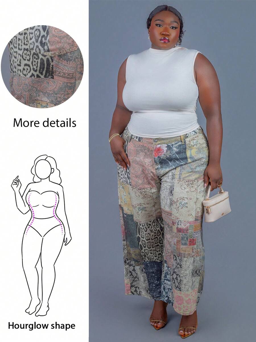 CurvyTilda Plus Size Retro Y2K Sexy Animal Print Hippie Pattern Slim Straight Leg Women Jeans, For Hourglass Body Shape - Multicolor - View 1