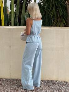 DAZY Bộ đồ denim thường ngày dành cho nữ, gồm áo hai dây cài cúc đơn và quần dài, kẻ sọc. - Màu xanh lam - Xem 2