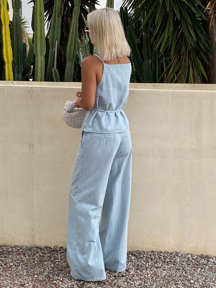 Women's Striped Single-Breasted Camisole Top And Long Pants Casual Denim Suit