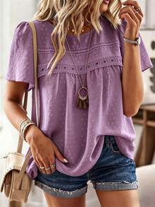 SHEIN Women's Contrast Lace Round Neck Short Sleeve Blouse - Purple - View 7