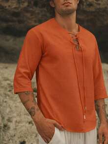 HIMLAND Loose Fit Men's Lace Up Front Drop Shoulder High Low Hem Top - Orange - View 6