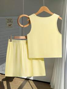 2pcs/Set Striped Bow Tie Sleeveless Crop Top,Ruffle Hem Shorts Set For Teenage Girls,Sweet & Spicy Style,Summer,Casual,Holiday Parties Outings - Yellow - View 2