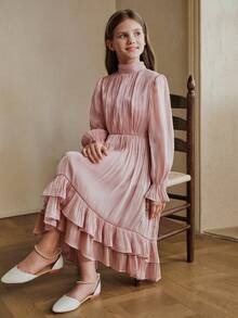 Anewsta Elegant långärmad kakklänning med hög krage för flickor, fransk retro veckad, texturerad flerskiktad volangfåll i rosa - Rosa - Visa 7