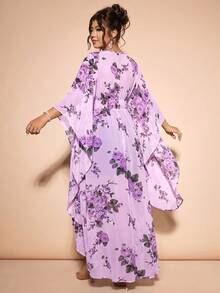 Cravure Damen Große Größen Fließendes Chiffon Top mit Blumenmuster, 3/4 Ärmel, halbtransparent, mit schwarzem figurbetontem Bodycon Minirock, echtes 2-teiliges Set - Violett - Übersicht 2