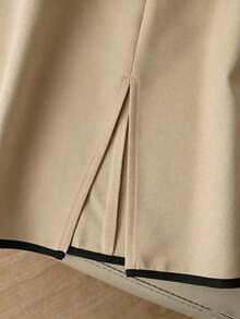 SHEIN 米色带黑色滚边开衩下摆半身裙，优雅女士春夏装 - 卡其色 - 查看 4