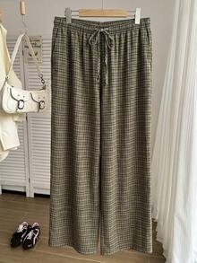 Comfortcana Summer Solid Color Pleated Loose Drawstring Waist Casual 90s Wide Leg Pants, Plus Size Plaid Countryside Style Checkered Trousers For Women, Khaki - Multicolor - View 1